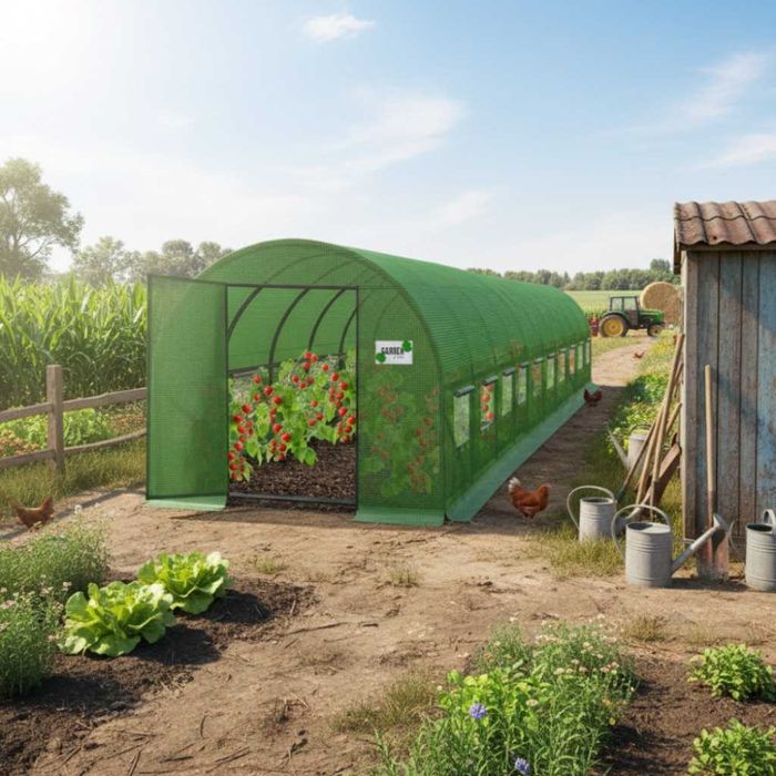 Голяма оранжерия с врата на панти. Здрава конструкция и UV4 защита