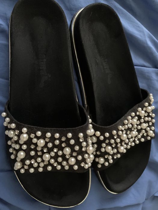 5TH AVENUE. Sanda piele/Papuci dama  catifea cu mărgele. MK