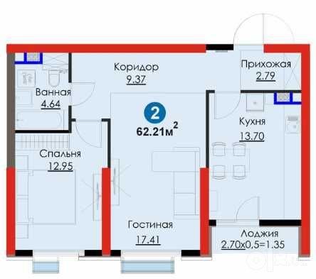 2 комн. 62 м² озеро Бахт, Яшнабадский район, П/взнос 20% 11 910 у.е.