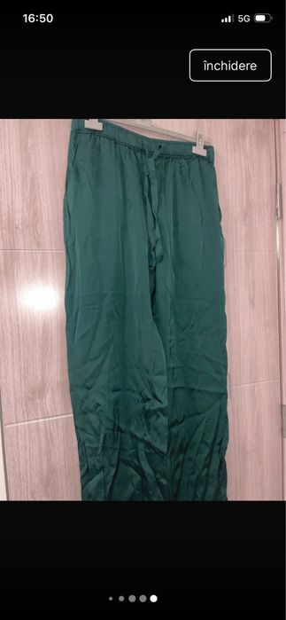 Pantaloni satin verde inchis Zara, drepti , cu elastic, f lejeri