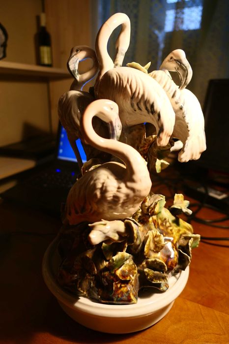 Pasari Flamingo Portelan h 45cm cu Stand Suport Bibelou Vintage