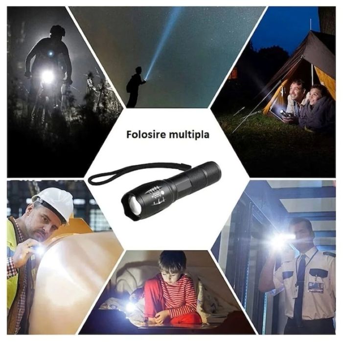 Lanterna cu acumulator 18650 3,7 V sau baterii /acumulatori 3x1,5V AAA