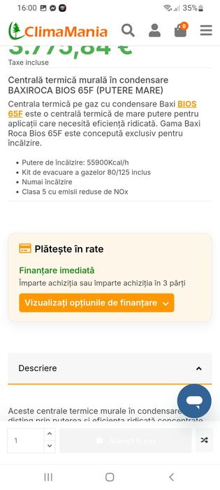 Vând centrala baxi roca bios 65f centrala prin comdensatie profesional