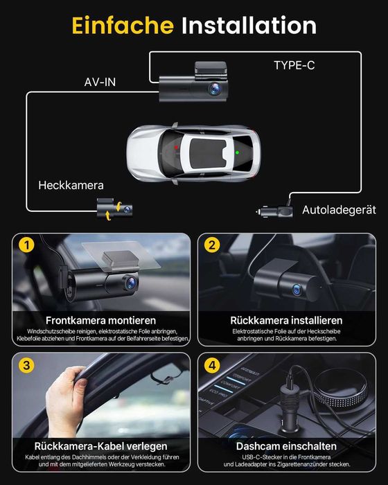Camera de bord wifi 4K+1080P față/spate card SD de 64GB, GPS WiFi 5GHz, cameră auto IPS de 1.5” cu monitorizare a parcării, vedere nocturnă superioară