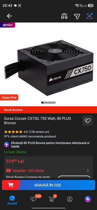 Sursa Corsair CX750, 750 Watt, 80 PLUS Bronze
