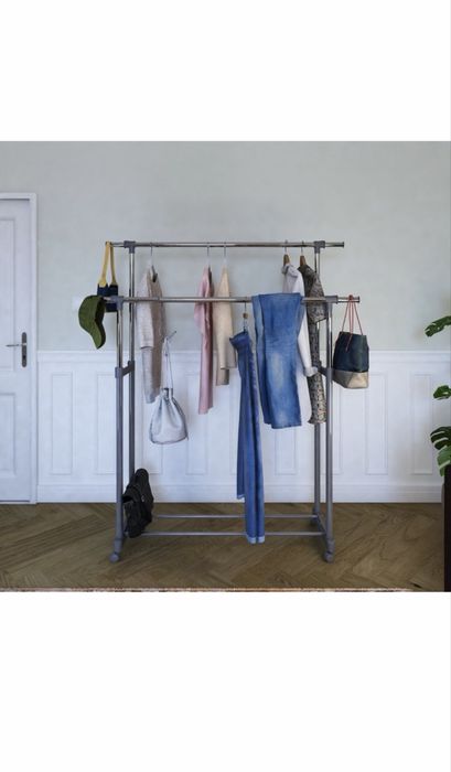 Suport / stander haine cu doua bare umerase, metal + plastic, 90 / 139 x 42.5 x 95.5 / 169 cm