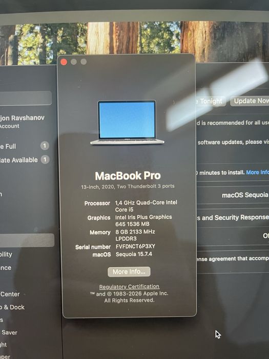 MacBook Pro 2020 13inch 10/9 holati