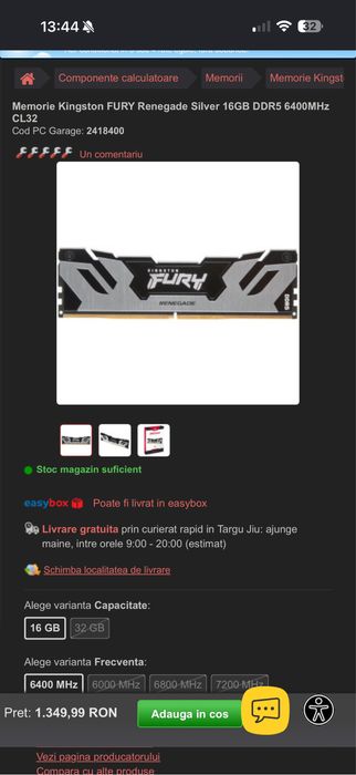 Memorie Kingston FURY Renegade Silver 16GB DDR5 6400MHz
