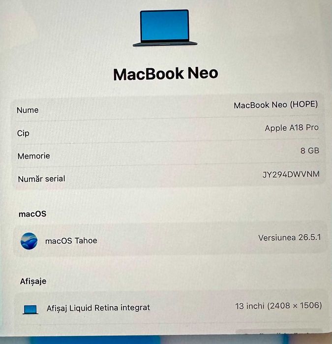 Hope Amanet P5  Macbook NEO A3404 , 13 inch , APPLE A18 PRO , 8GB RAM , 512SSD , PRODUS NOU - GARANTIE