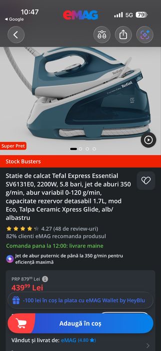 Stație de călcat Tefal Express Essential SV6131E0 – 2200W, 5.8 bari, nouă