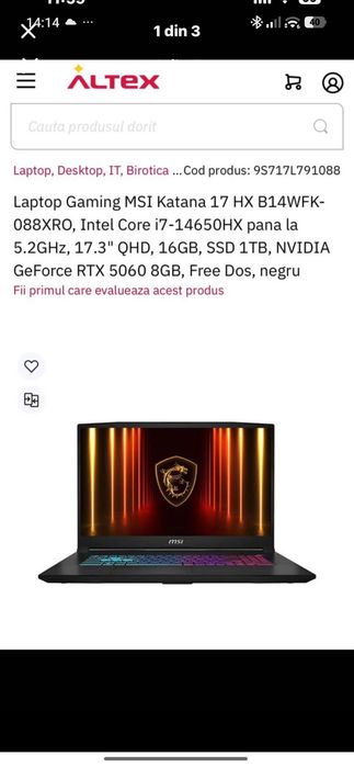 Laptop Gaming MSI Katana 17 HX | i7-14650HX | RTX 5060 | 16GB DDR5 | 17.3" 240Hz 2.5K