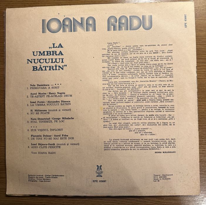 Ioana Radu – La Umbra Nucului Bătrîn -Electrecord EPE 03097, 1986- Vinil LP