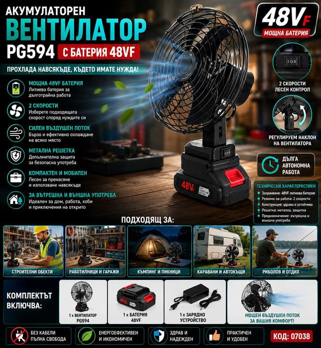 Акумулаторен вентилатор PG594 с батерия 48VF за градина и вила