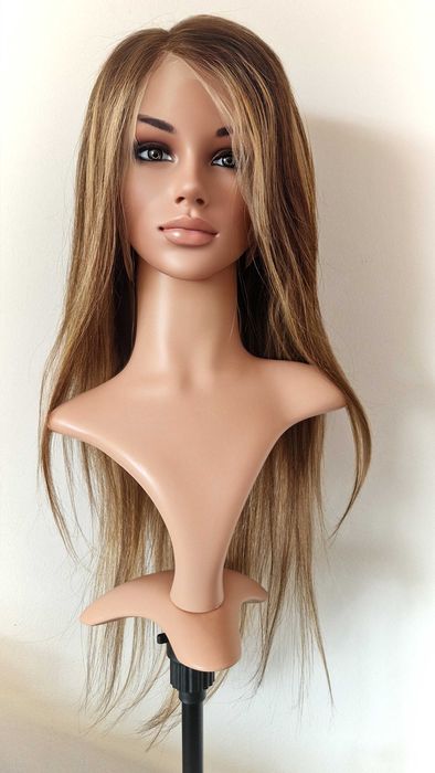 Естествена перука  70–75 см – Lace Front 13x6, кафява с руси кичури