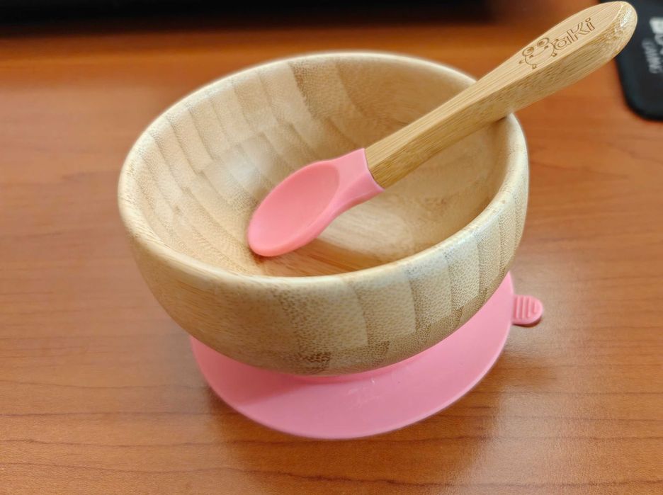 Детски комплект за хранене Oaki, Бамбукова купа, Чиния слонче, Розов