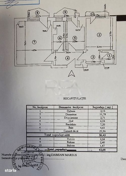 2 camere decomandat | Unirii | Bloc 1994 | 56,43 mp utili |