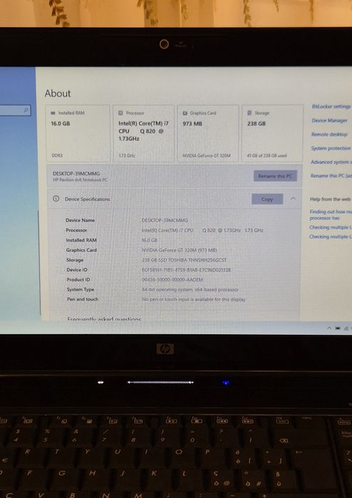 0Laptop HP Pavilion dv6 , i7-820q , 16 gb RAM , SSD 256 gb , Nvidia GT 320m 1 gb , Windows 10 activat