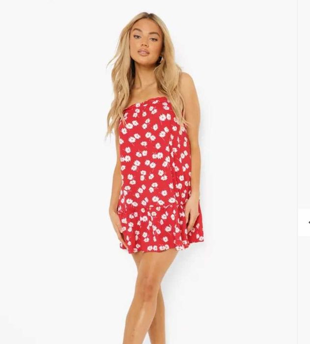 Rochie vara, scurta, rosu cu floricele albe, S