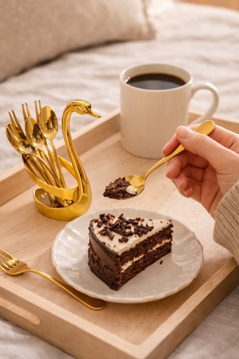 Set tacamuri inox auriu 7 piese, suport tip Lebada, set linguri si furculite, finisaj premium, decor masa elegant