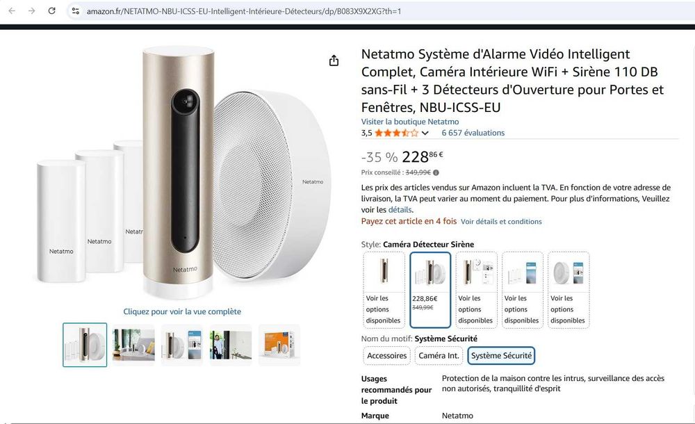 Sistem complet de alarmă video Netatmo, cameră+sirenă+detectoare usi