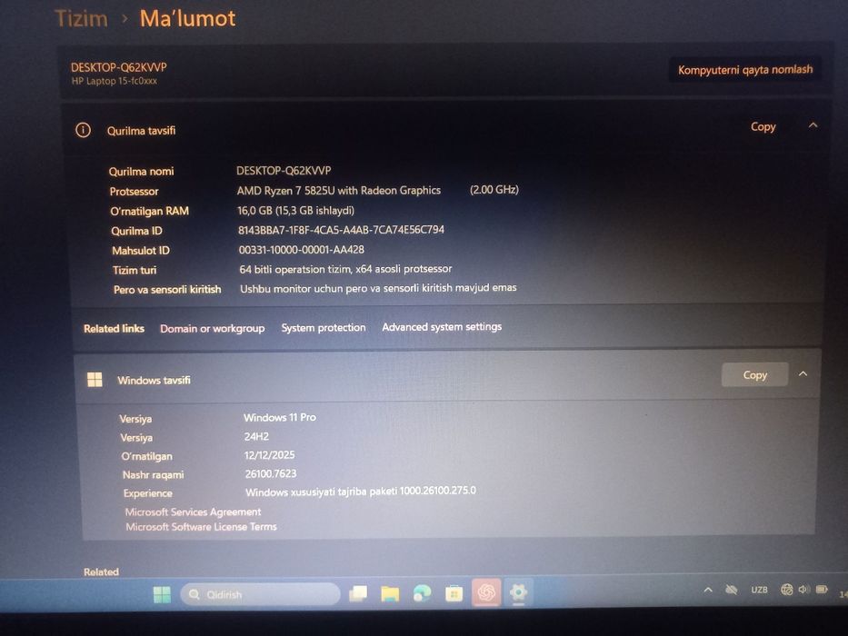 Yangi HP Laptop 15 (Ryzen 7 / 16GB RAM / 1TB SSD) – Holati Ideal!