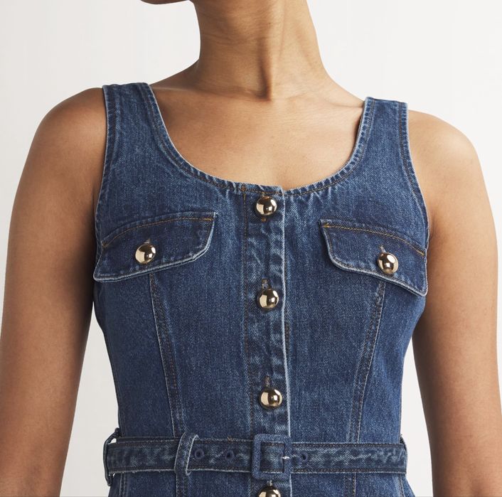 Rochie mini Self-Portrait din denim cu nasturi aurii