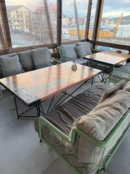 HORECA Set mobilier terasă – masă lemn masiv + fotolii/canapele metalice