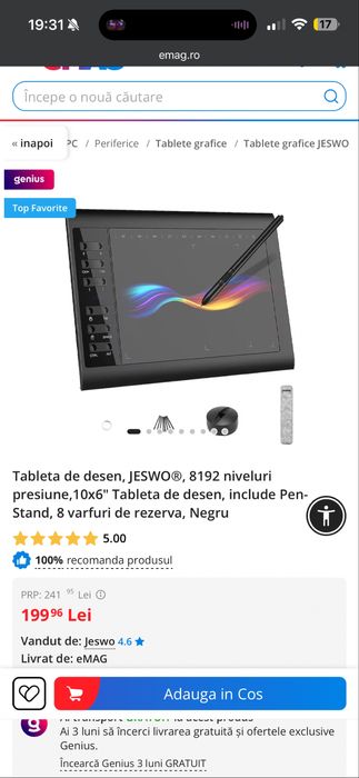 Tableta de desen, JESWO®, 8192 niveluri presiune,10x6"