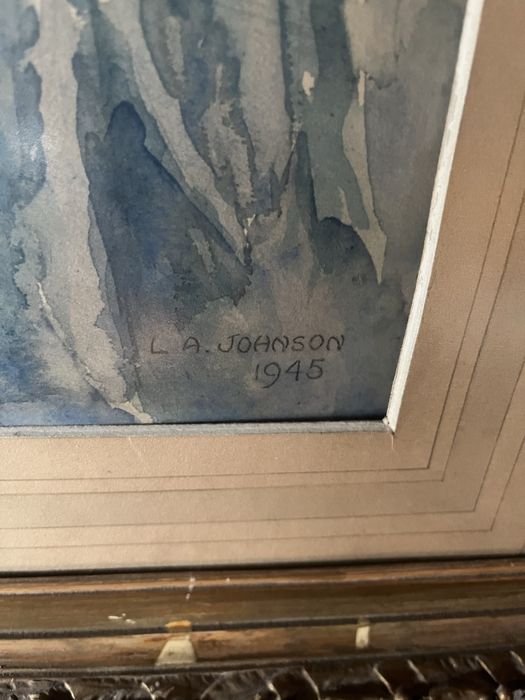 Антикварна картина на жена в бална синя рокля с ветрило в рамка стъкло