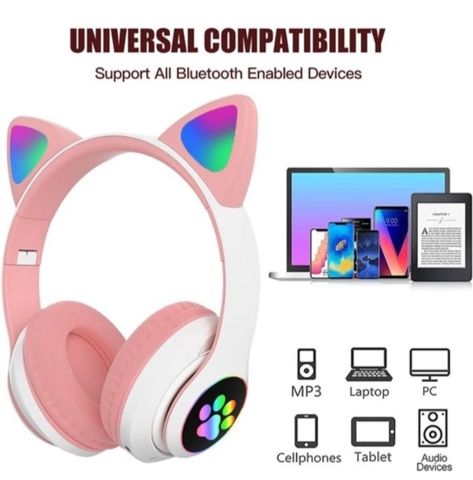 Безжични слушалки с котешки уши  Bluetooth  RGB светлини  шумопотискане микрофон бас VALA STN-28 розови