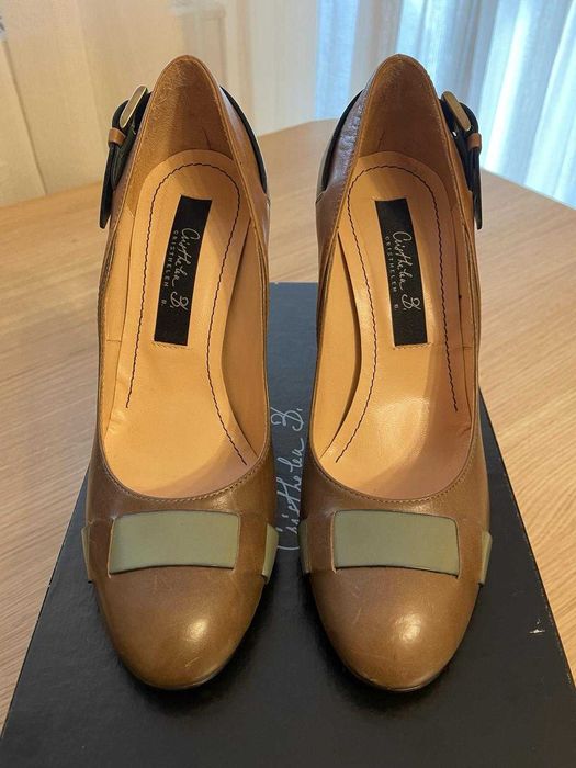 Pantofi Musette din piele, culoarea maro/verde