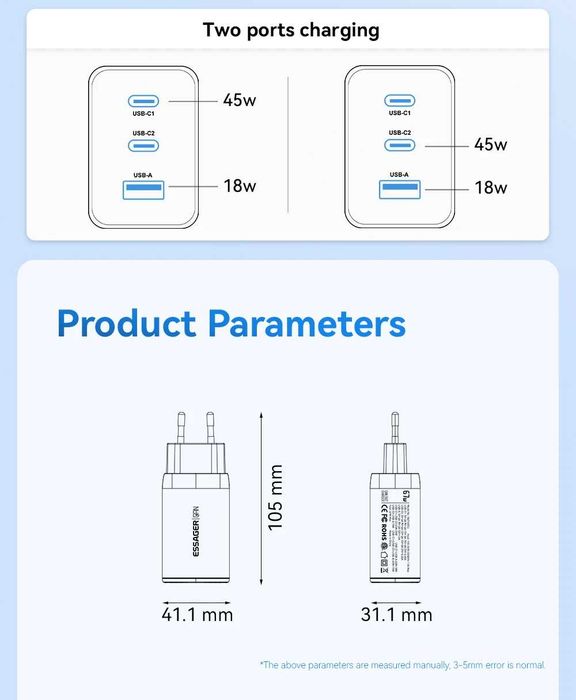 Мощно GaN Зарядно Essager 67W – Бързо зареждане за iPhone 16, Samsung