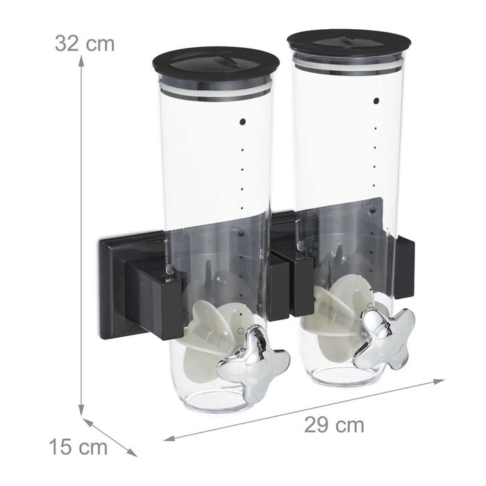 Dispenser cereale dublu 3L montaj simplu pe perete negru 32x29x15 cm