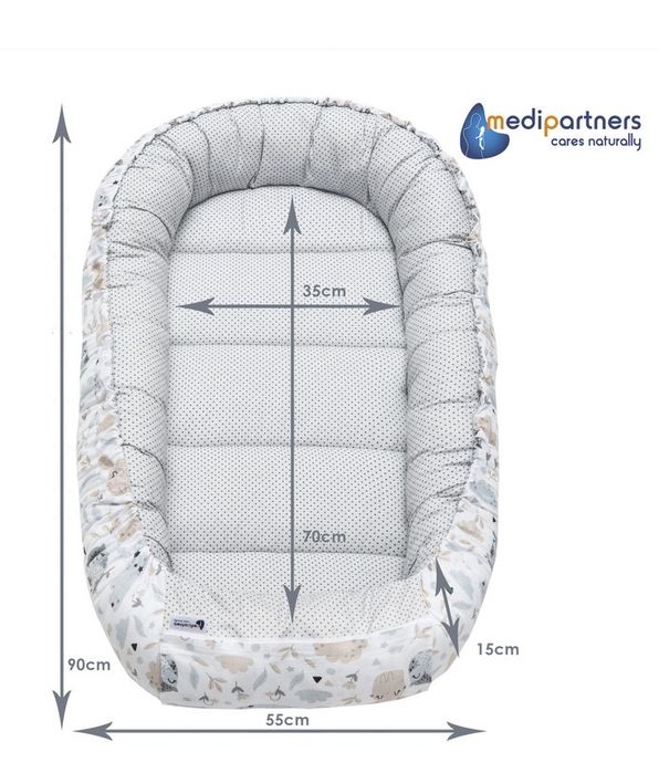 Set de 5 piese Cosulet bebe, Medi Partners, Model Poiana cu animale, cu insertie detasabila, Perna fluture, patura, perna plata, 100x60x15cm, Gri/Bej
