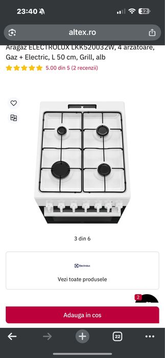 Aragaz MIXT Electrolux LKK520032W/4 Arzatoare/Cup electric/50CM/ClasaA