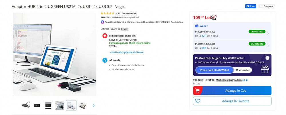 Adaptor HUB 4-in-2 UGREEN US216, 2x USB - 4x USB 3.2