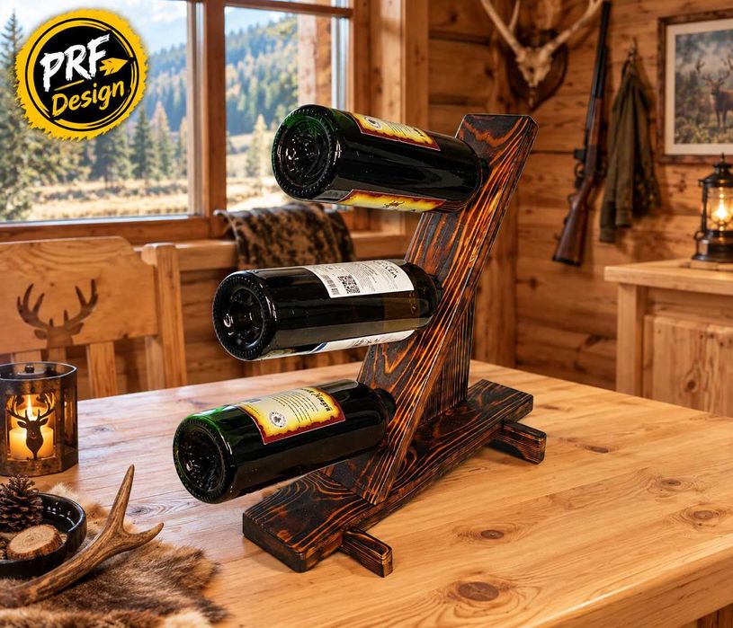 Suport din lemn pentru 3 sticle de vin – design rustic, unicat