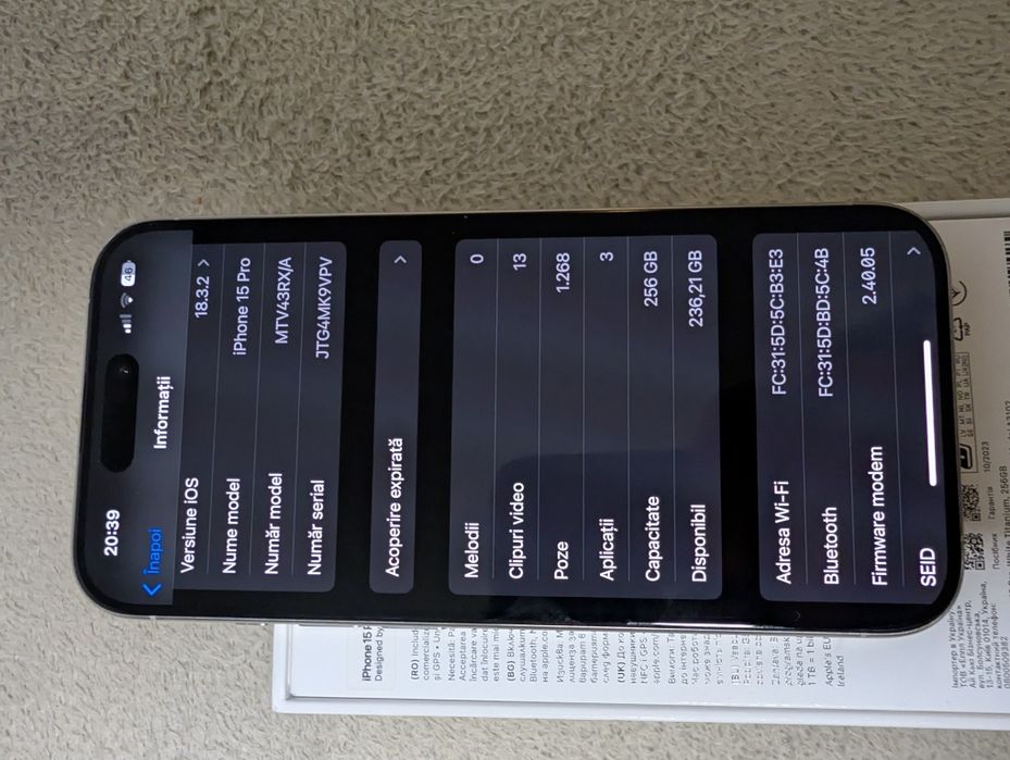 Vând schimb iPhone 15 PRO, 256 GB,  în cutie, stare foarte bună.