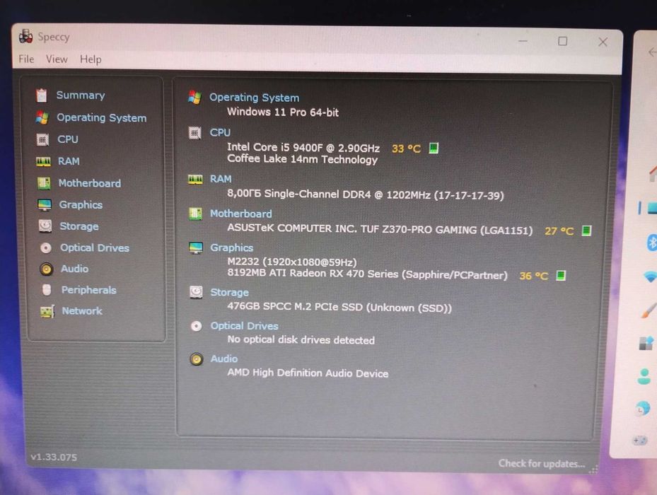 Asus Tuf Z370-Pro I5 9400F 8GB RAM 8GB Sapphire Nitro+ RX470