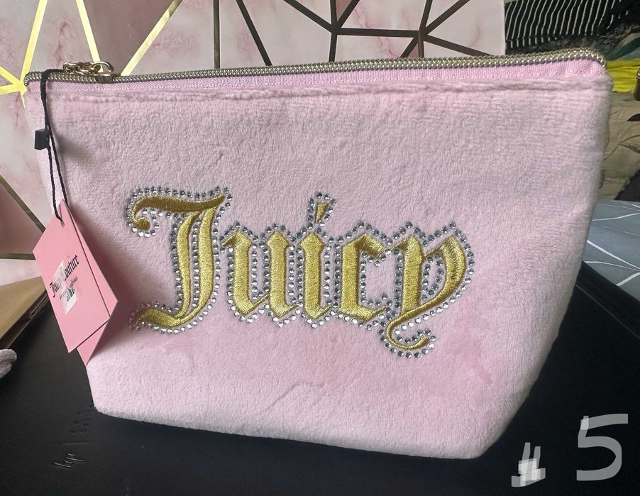 JUICY COUTURE Розова Златна Бродерия и Кристали Велурена Козметична Чанта/Несесер Средна НОВА с Етикет