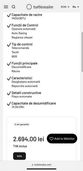 Aer conditionat portabil Turbionaire, 14000 BTU, in garantie.
