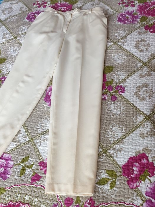 Pantaloni lana talie inalta crem