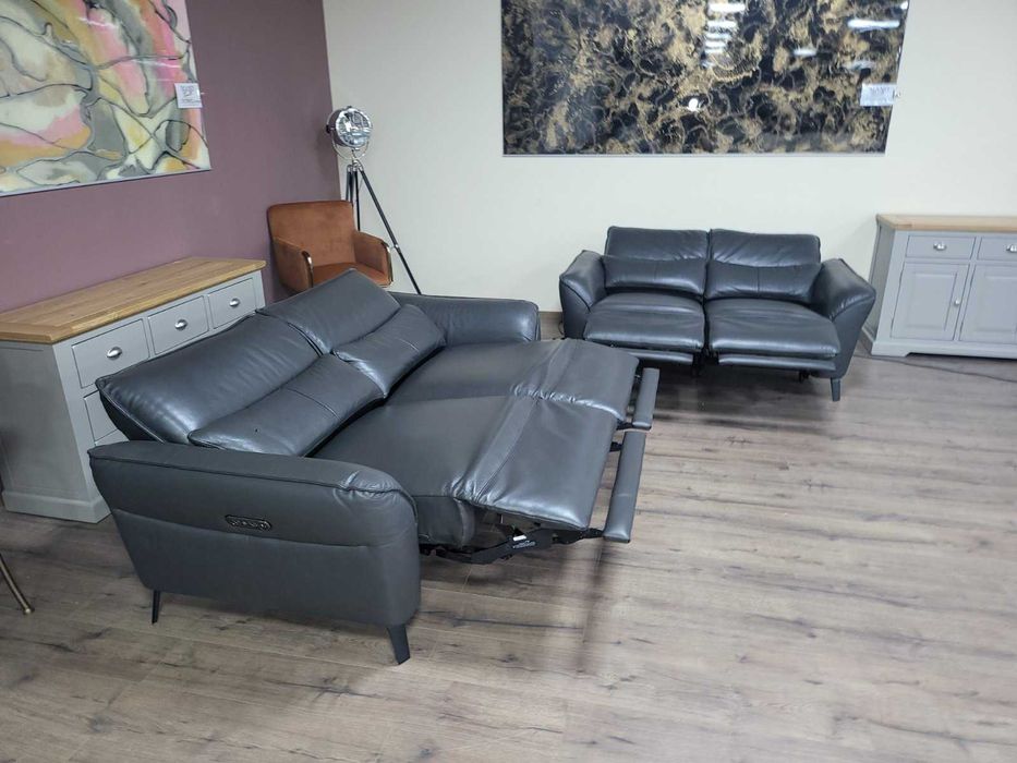 Сив кожен комплект дивани тройка и двойка с ел. релакс механизъм