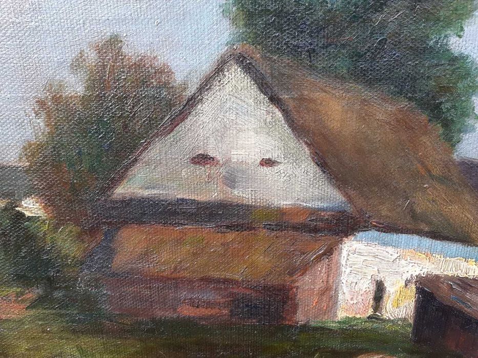 Tablou vechi 1909 - peisaj cu case -  semnat