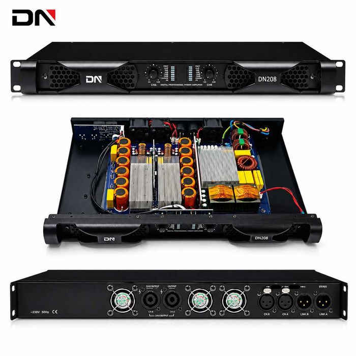 Profesional Amplificator Putere DN-208 (2 x 1200W 4 Ω, 2 x 800W 8 Ω) clasa D 1U - Nou