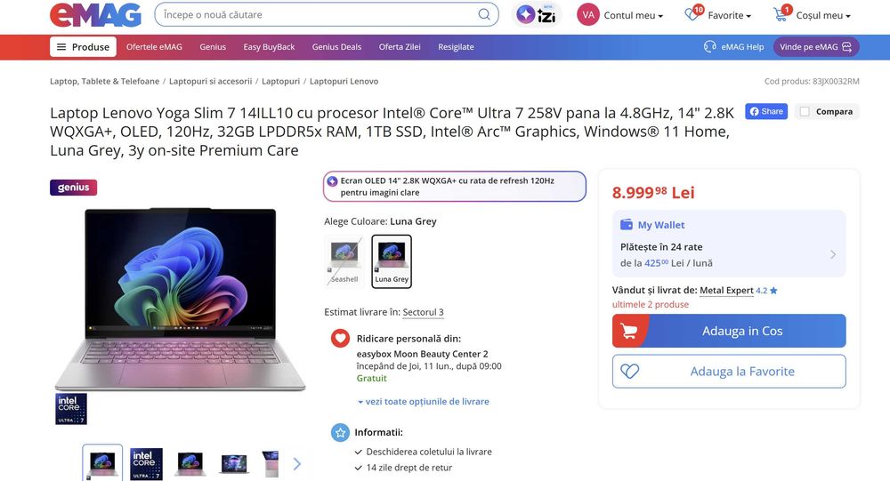 Laptop Lenovo Yoga Slim 7 Aura Edition 14" Oled 120HZ 2.8K  32GB LPDDR5x