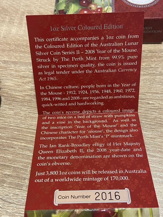 1 унция година на мишката 2008 lunar 2 proof сребърна монета