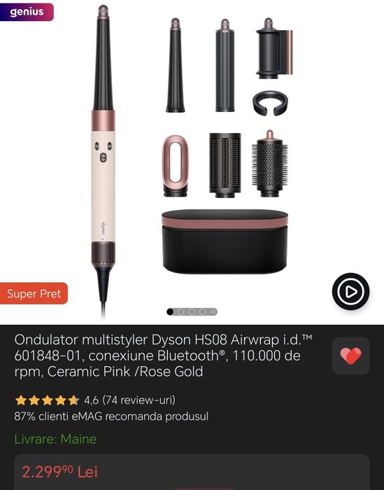Ondulator multistyler Dyson HS08 Airwrap i.d.™ 601848-01, conexiune Bluetooth®, 110.000 de rpm, Ceramic Pink /Rose Gold