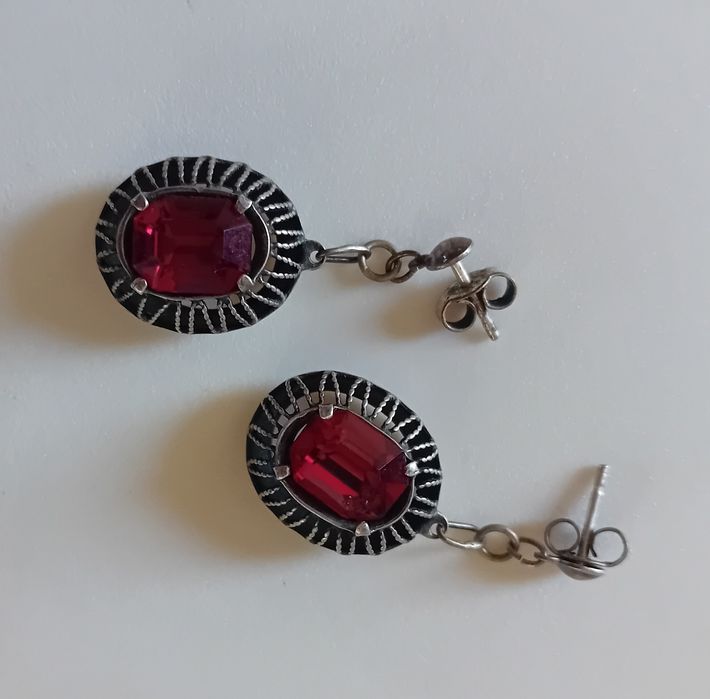 Cercei vintage.  Cercei argint și rubin,alamă aurita și pietre verzi