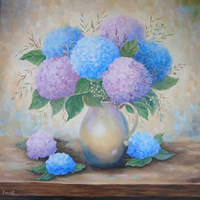 Tablou original „Pastelul hortensiilor”, ulei pe pânză, 50x50 cm